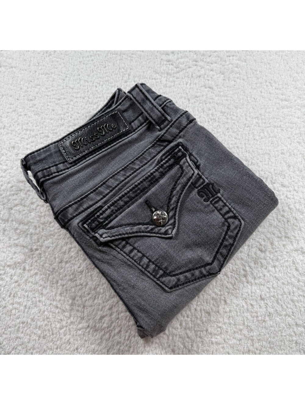 Miss Me Women’s Jeans Size 27 Gray Black Mid Rise Bootcut Stretch Flap Pockets